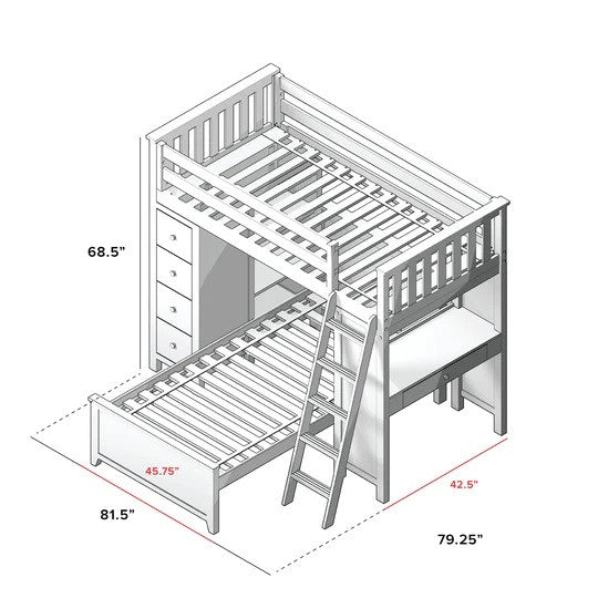 Jackpot Kids Kensington 1 All-In-One Twin Loft Bed with Desk, Storage & Twin Bed