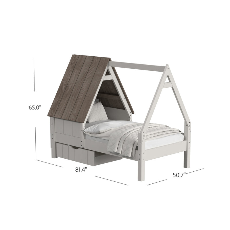 Twin bed with a wooden frame, featuring a canopy and half roof, designed for Westwood Lodge style decor