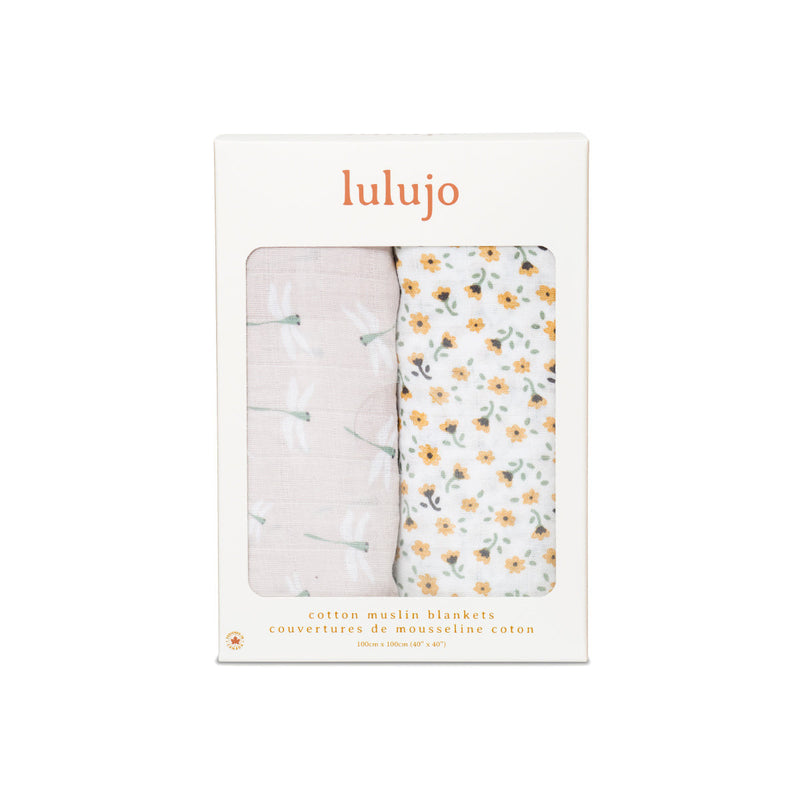 Lulujo Cotton Swaddle Blanket 2-Pack, Vintage Floral & Dragonfly