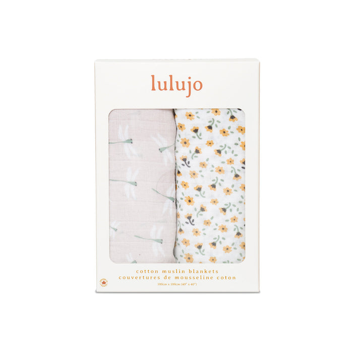 Lulujo Cotton Swaddle Blanket 2-Pack, Vintage Floral & Dragonfly