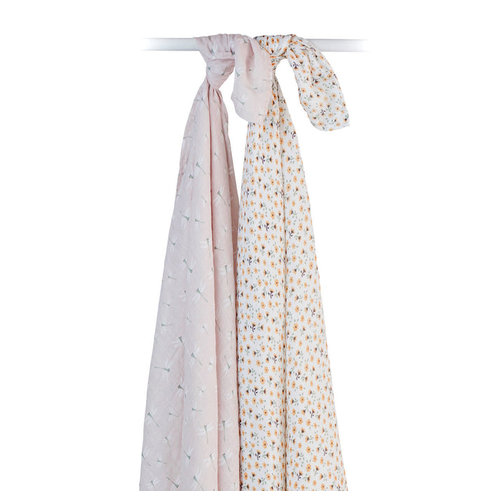 Lulujo Cotton Swaddle Blanket 2-Pack, Vintage Floral & Dragonfly