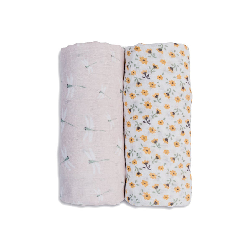 Lulujo Cotton Swaddle Blanket 2-Pack, Vintage Floral & Dragonfly