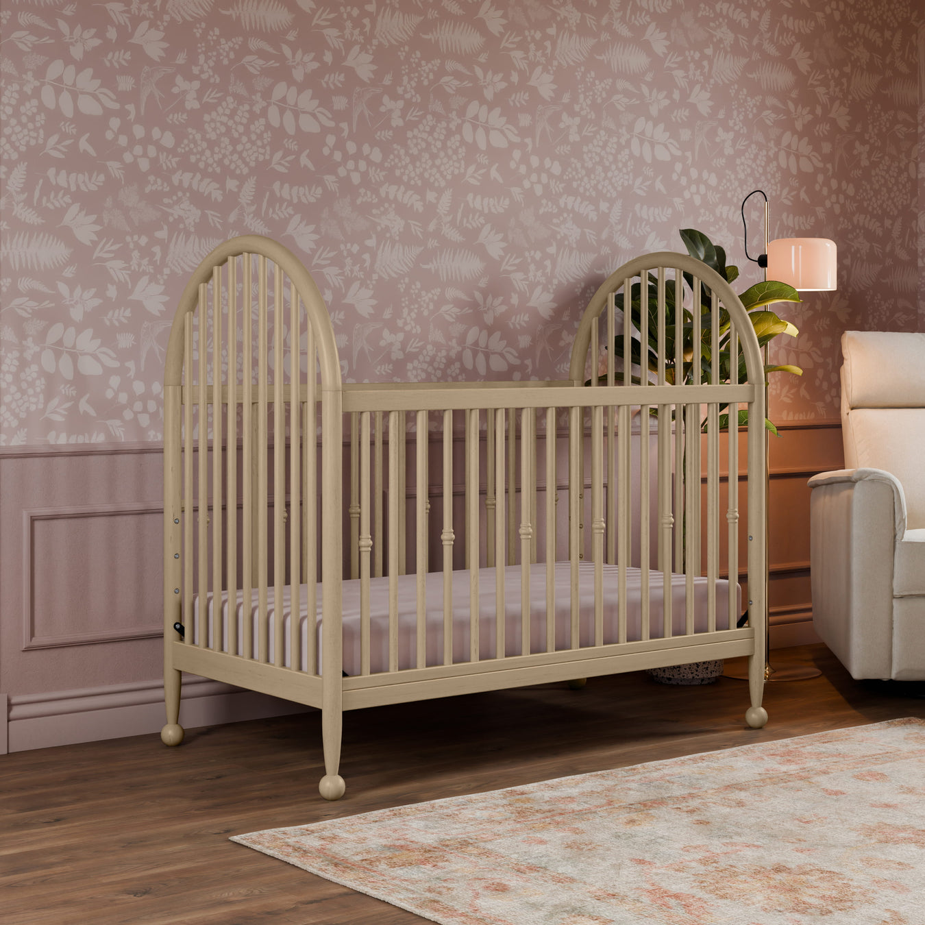 Namesake Alouette Convertible Crib in Natural Walnut, shown in a beautiful nursery setting at Kids N Cribs Bay Area