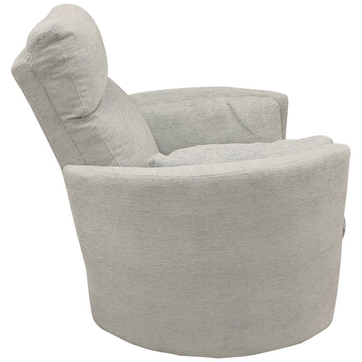 Heritage House Roxy gray recliner with a white cushion, designed as a power swivel glider with an adjustable headrest.