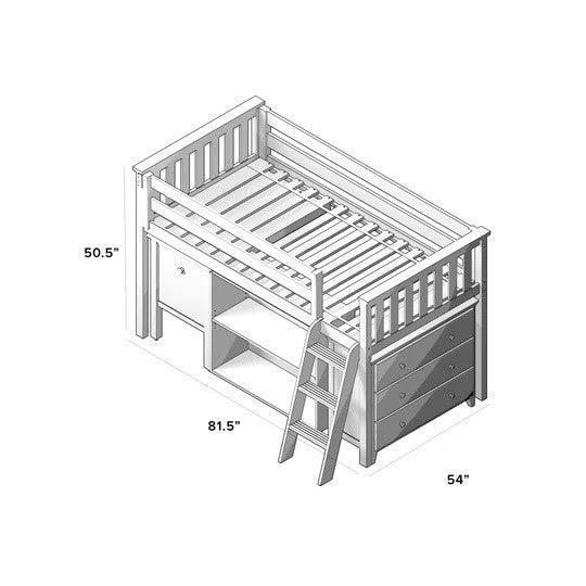 Jackpot Kids Windsor 2 Twin Low Loft Bed with Dresser, Bookcase & Pull-Out Desk