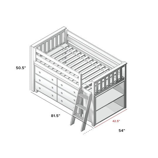 Jackpot Kids Windsor Twin Low Loft Bed with 6-Drawer Dresser & Bookcase