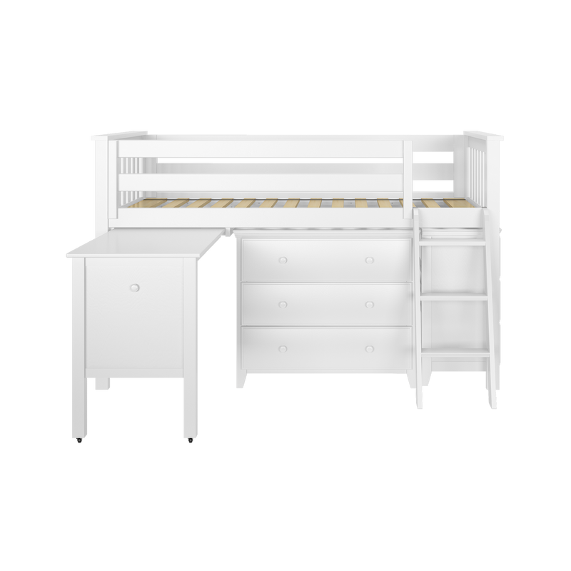 Jackpot Kids Windsor 3 Twin Low Loft Bed with Dual Dressers, Bookcase & Pull-Out Desk