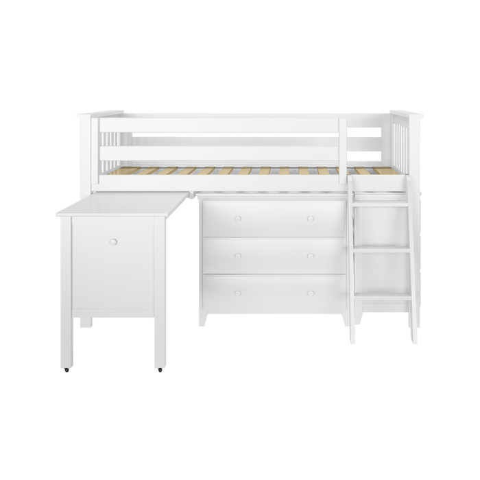 Jackpot Kids Windsor 3 Twin Low Loft Bed with Dual Dressers, Bookcase & Pull-Out Desk