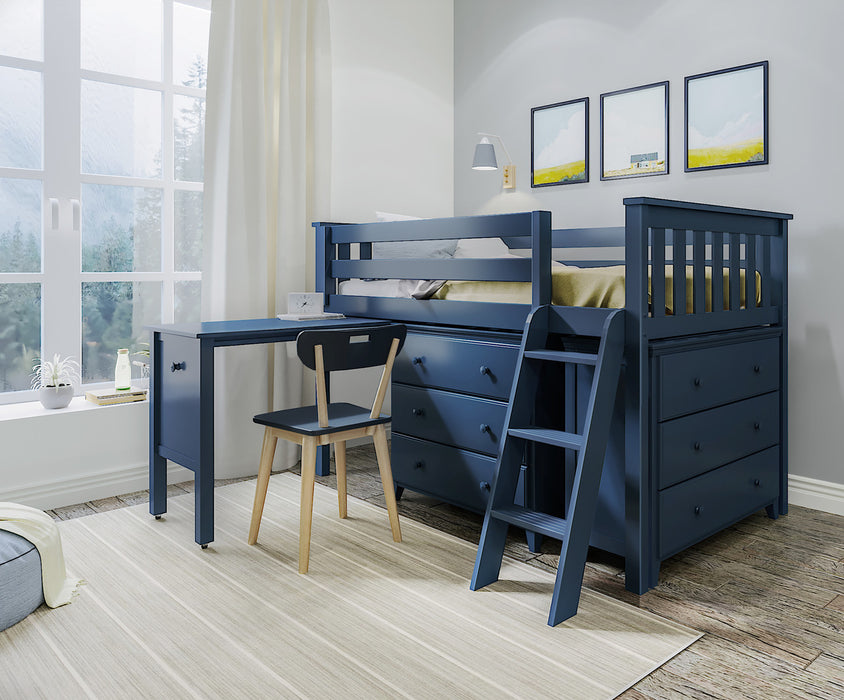 Jackpot Kids Windsor 3 Twin Low Loft Bed with Dual Dressers, Bookcase & Pull-Out Desk