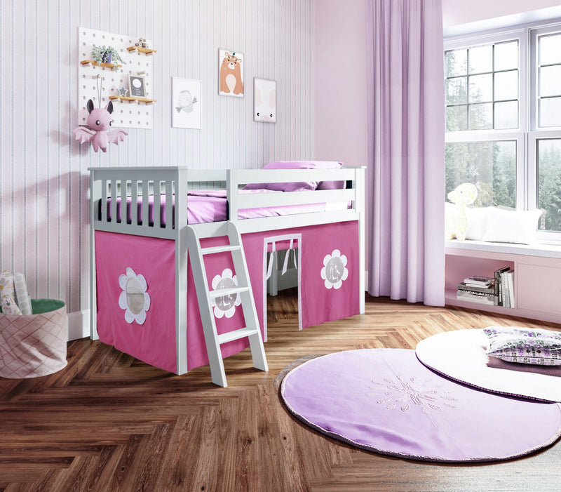 Jackpot Kids York 1 Twin Low Loft Bed with Pink & White Play Curtain