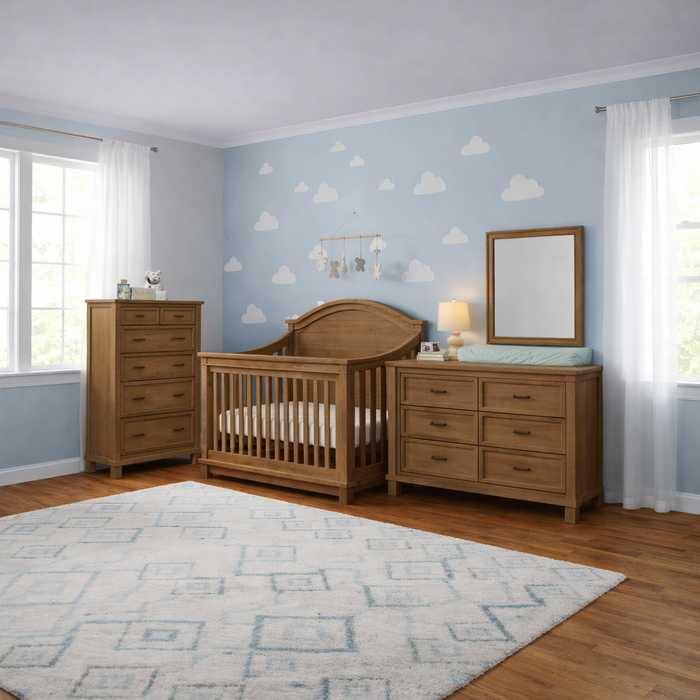 Appleseed Rowan 3-piece nursery set in sandwash finish featuring arch top crib, double dresser, and tall chest