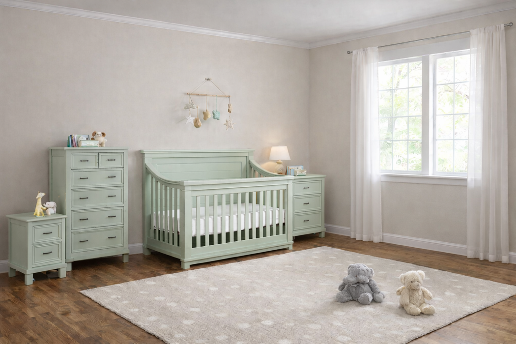 Appleseed Rowan 4-piece nursery set in Sage featuring flat-top crib, double dresser, tall dresser, and nightstand