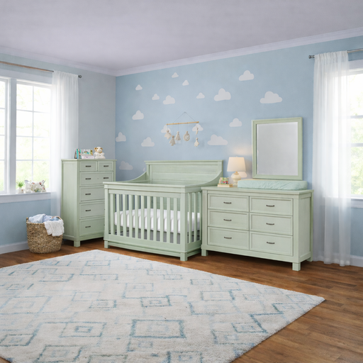 Appleseed Rowan 3-piece nursery set in sage with flat-top crib, double dresser, and tall chest in a styled nursery room