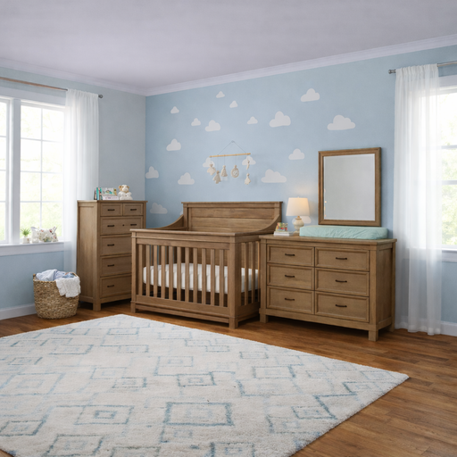 Appleseed Rowan 3-piece nursery set in sandwash with flat-top crib, double dresser, and tall chest in a warm nursery setting