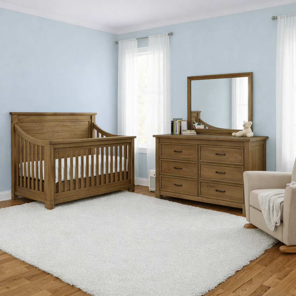 Appleseed Rowan 2-piece nursery set in Sandwash with flat convertible crib and matching double dresser in a styled nursery
