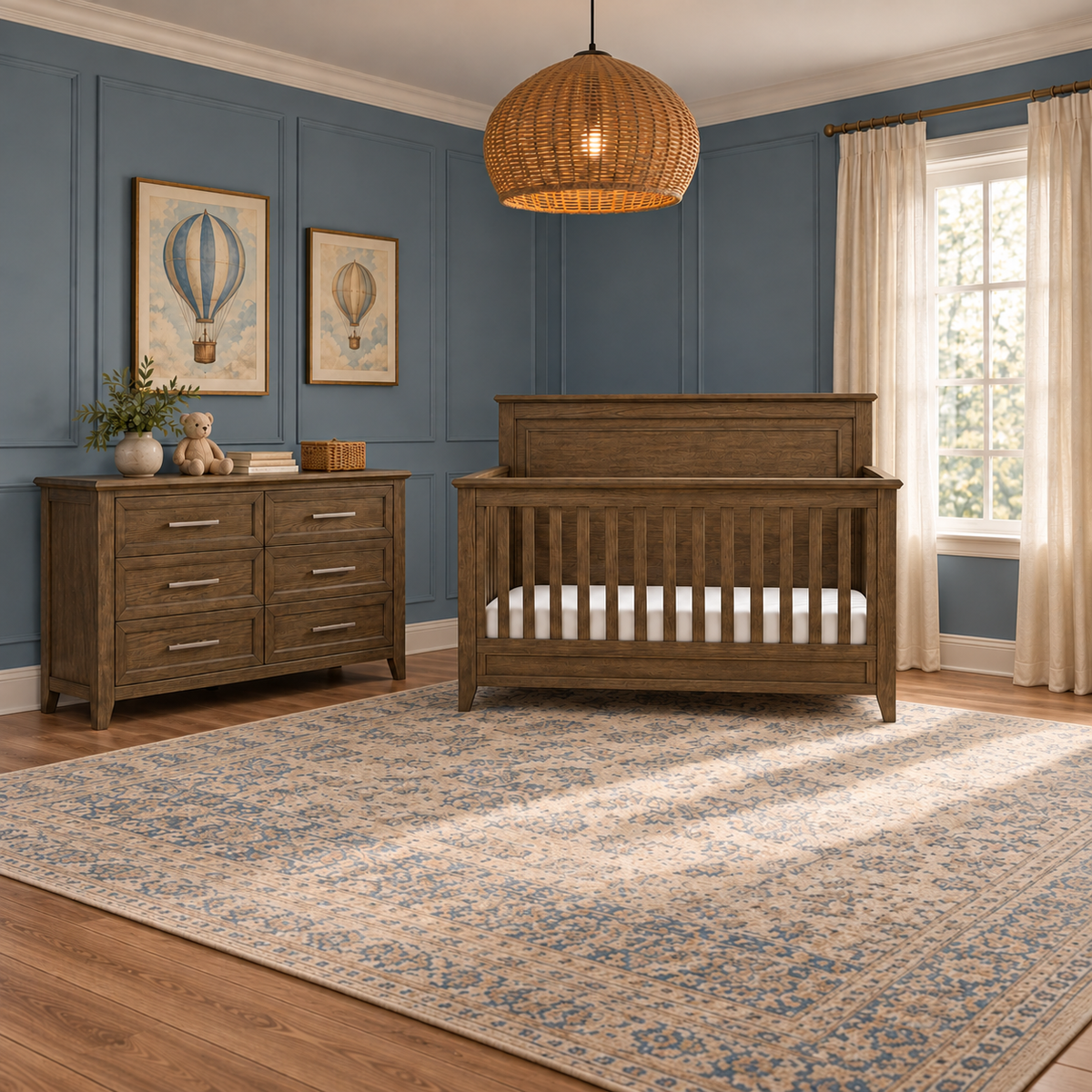 Barrow flat-top crib and six-drawer dresser two-piece nursery bundle in Toffee