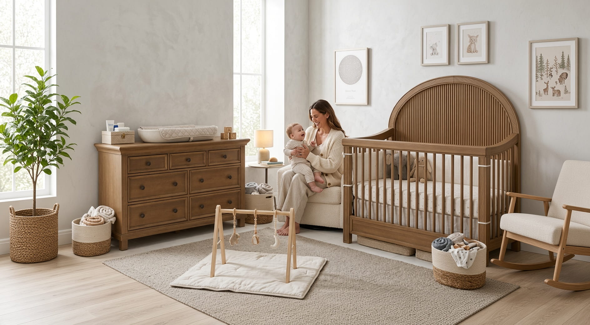 onvertible crib and dresser in a warm wood nursery