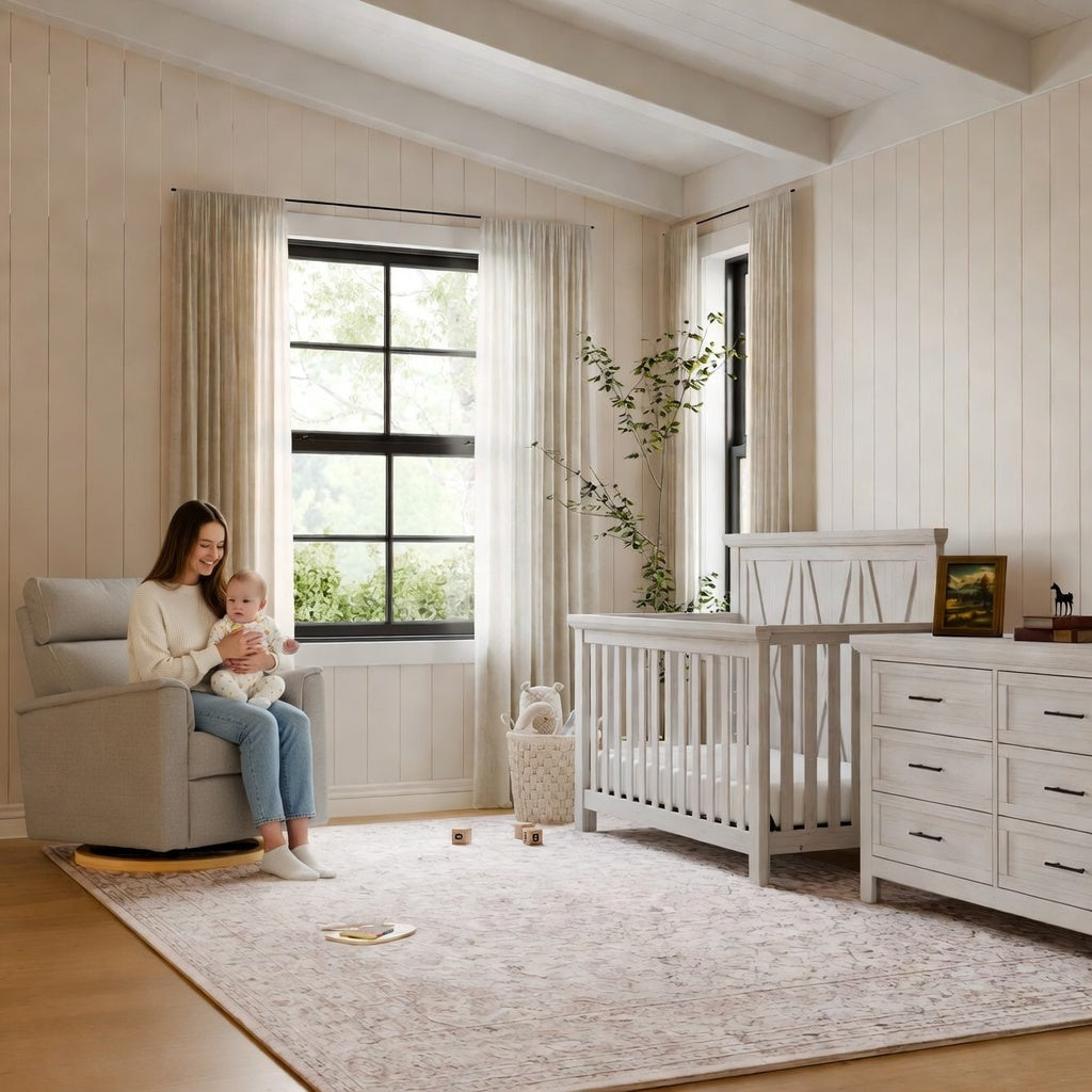Baby furniture showroom with convertible cribs and nursery gliders at Kids N Cribs Brentwood
