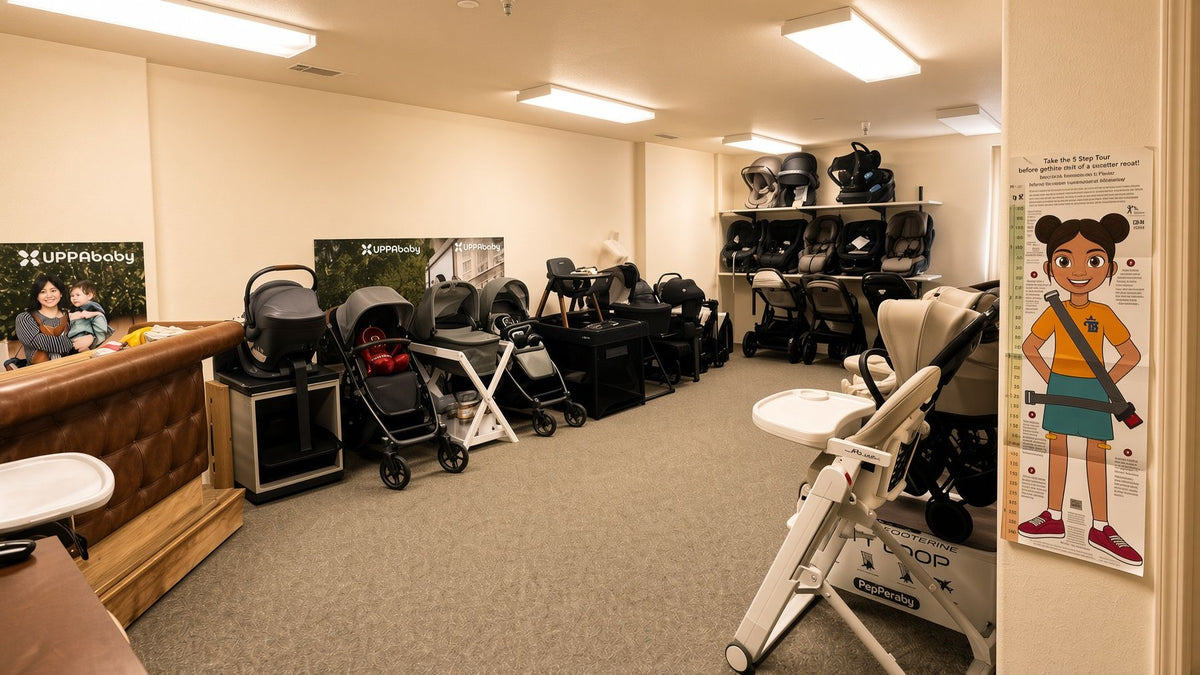 Private stroller and car seat consultation lounge at Kids N Cribs in Brentwood