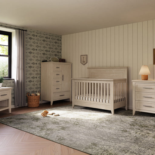 Monogram by Namesake Beckett 4-piece nursery set in sandbar with crib, dresser, chifforobe, and nightstand