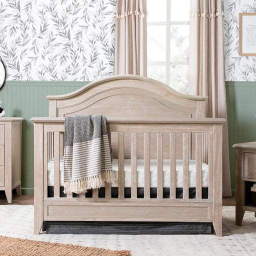 Monogram by Namesake Beckett rustic 3-piece nursery set with arch-top crib, dresser, and nightstand in sandbar