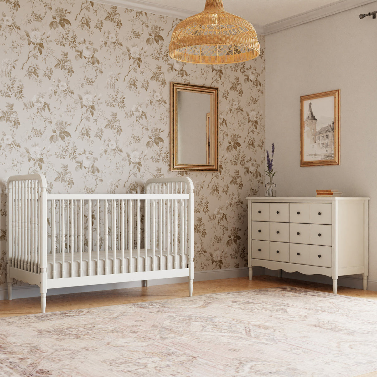 Namesake Liberty Warm White nursery bundle with 3-in-1 spindle crib and six-drawer dresser