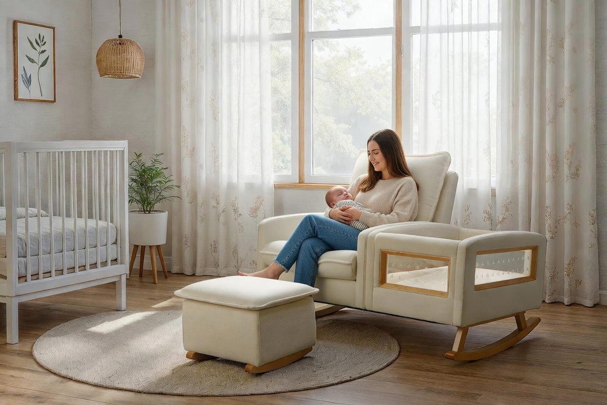 Modern nursery rocker bassinet and glider in a cozy baby room at Kids N Cribs Brentwood