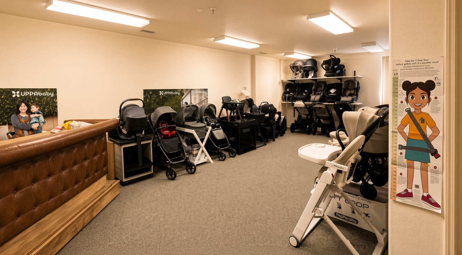 Strollers and car seats in the Kids N Cribs gear consultation area